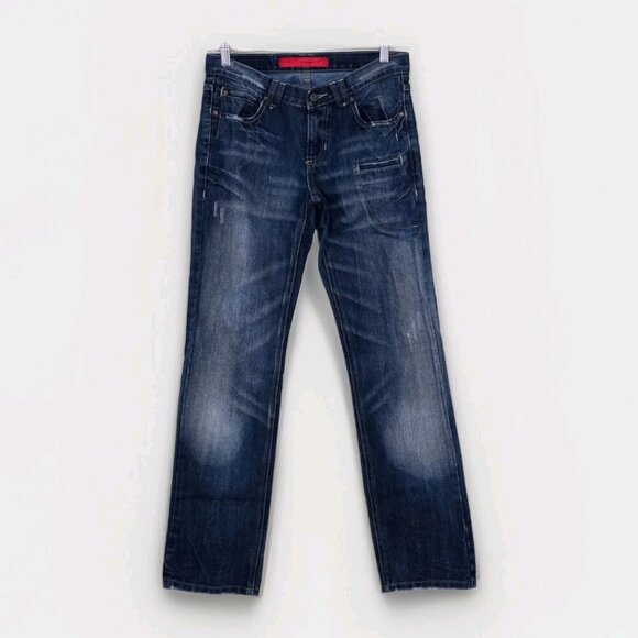 A Vintage HTM Hitomi Jean Mens 29x32 Blue Straigh Leg Japan Distressed Wiskering - Picture 1 of 16